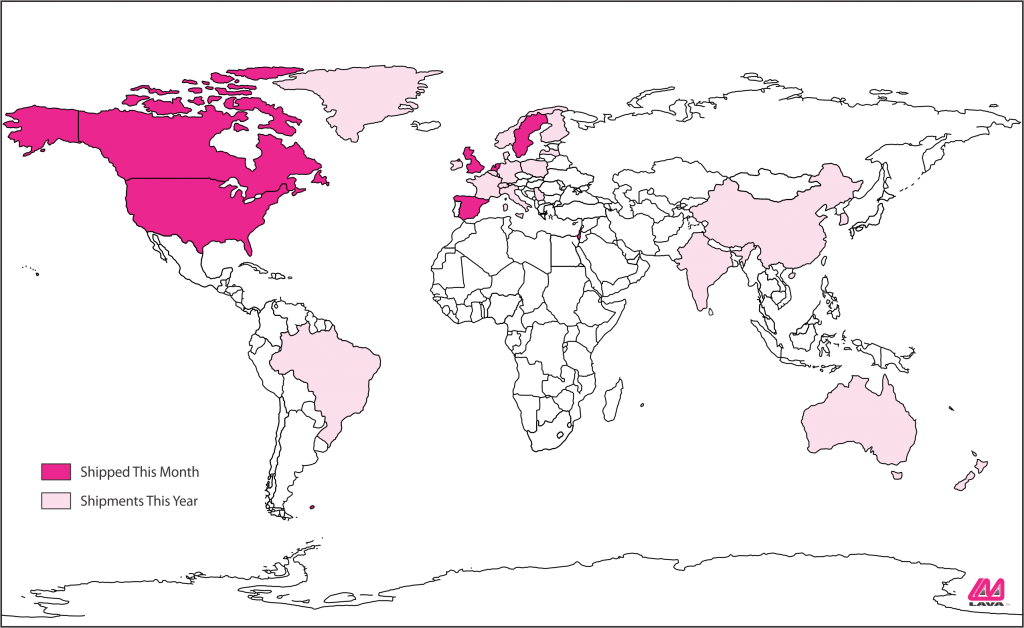 Map showing countries where SimulCharge adapters shipped in December 2021.